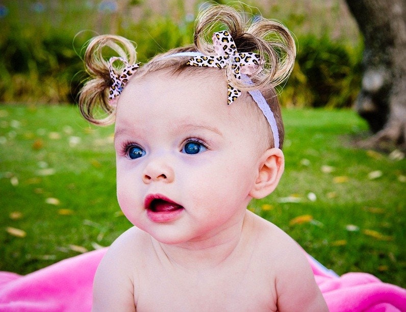 164 New baby headband with pigtails 887 LIMITED Edition Pink Leopard Baby Ponytail by BebeDoosCurlyTot 
