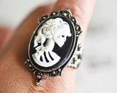 Miss Skeleton Gothic ring - White Black Zombie Lady Cameo