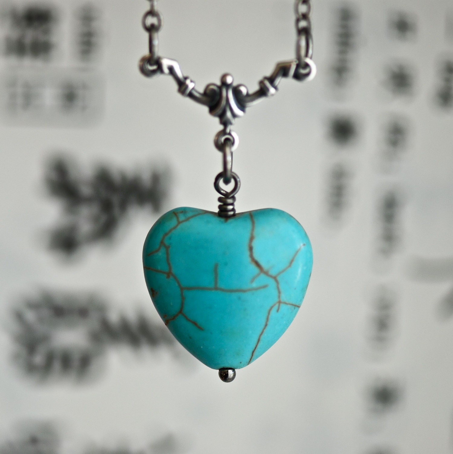 Turquoise Love Necklace - Dyed Turquoise Heart Bead - gunmetal chain