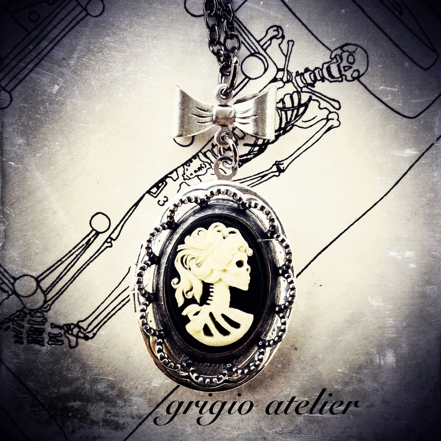 SPECIAL - Miss Skeleton locket with bow tie necklace - Ivory Black Lolita Zombie Girl Cameo - Silver Locket - gunmetal chain