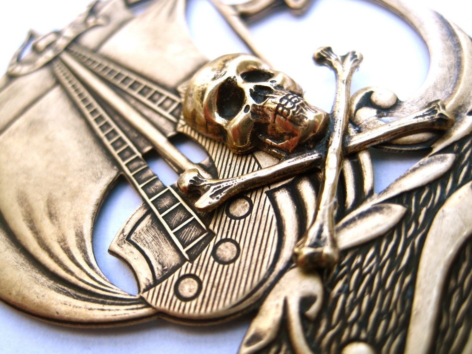 Black Pearl Necklace - Skull Crossbones Pirate Made in USA brass stampings