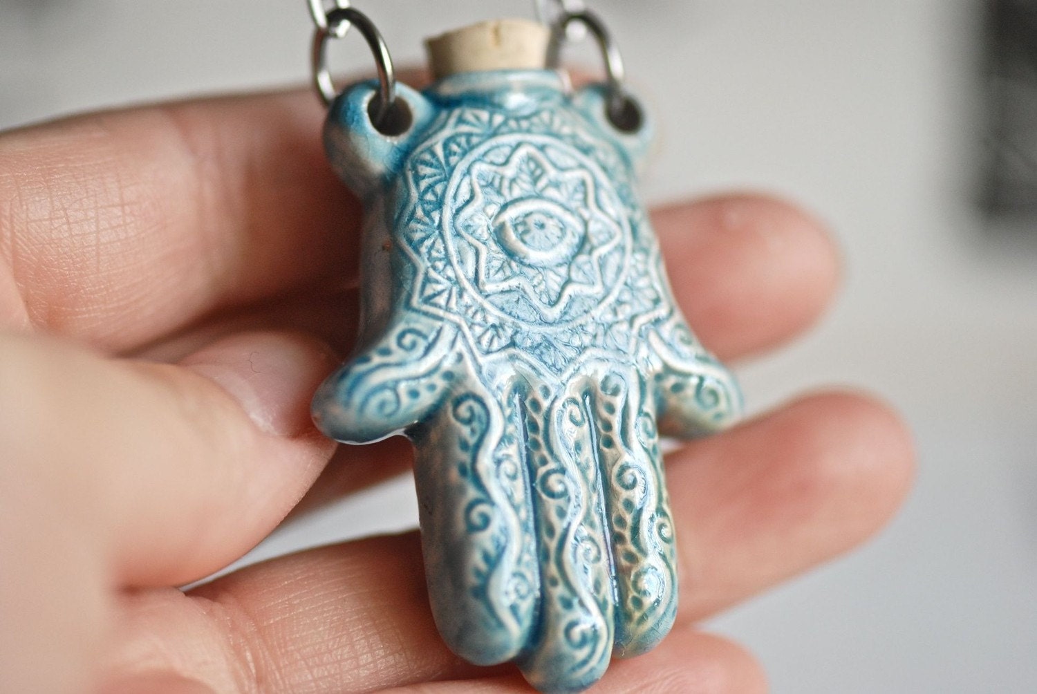 HAMSA HAND Necklace - Raku Style Peruvian ceramic bottle