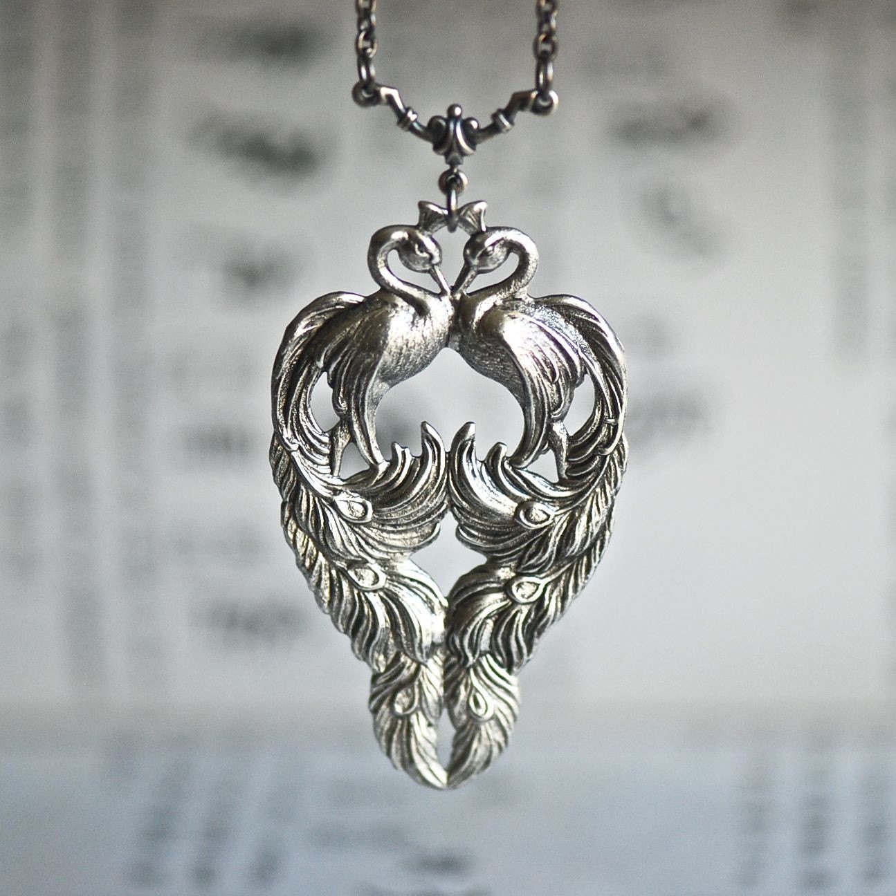 Double Peacocks Necklace - Art Nouveau Made in USA stamping