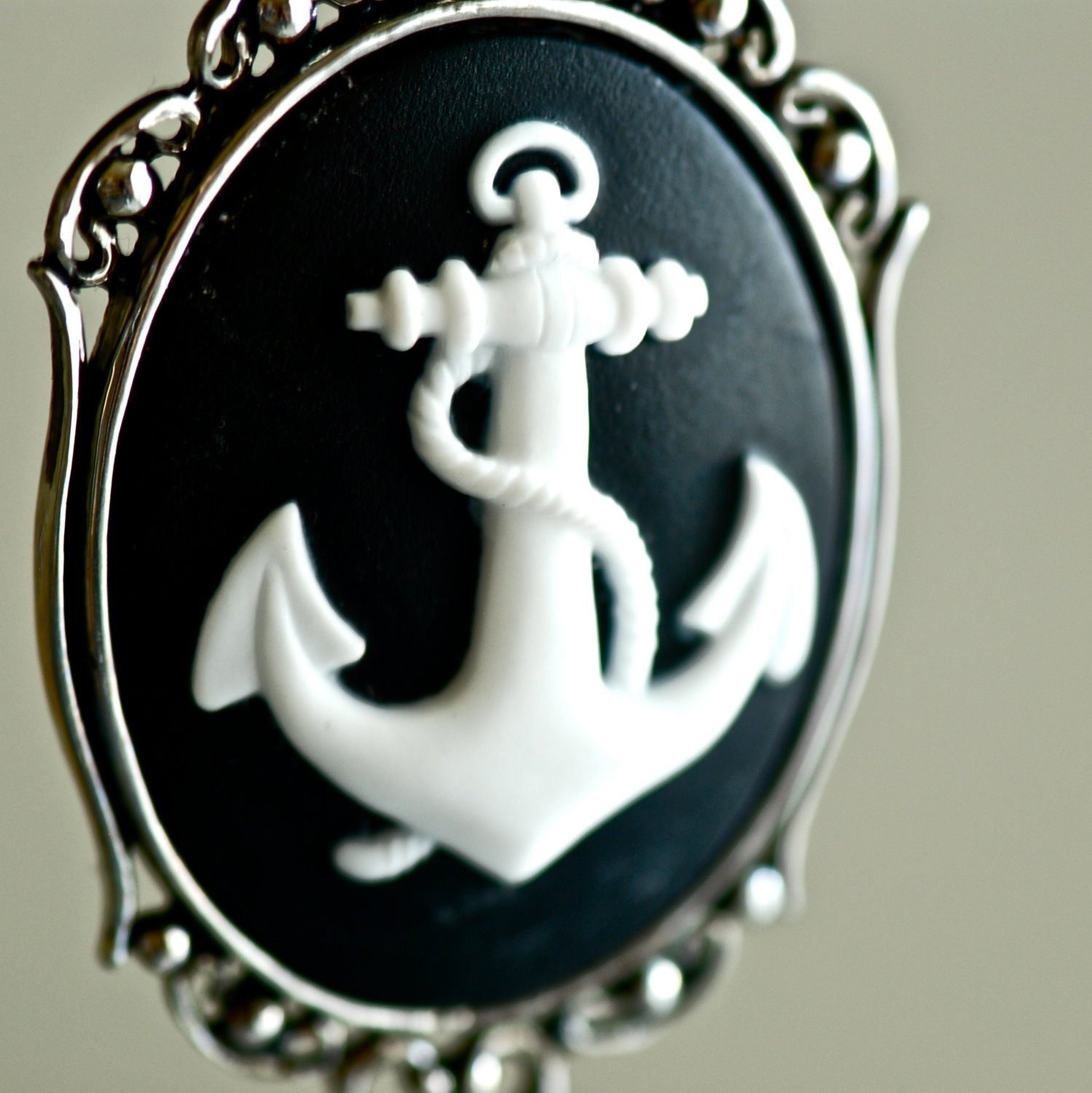 Pirate's Anchor Necklace - Gothic Black White Nautical Cameo - 40x30mm