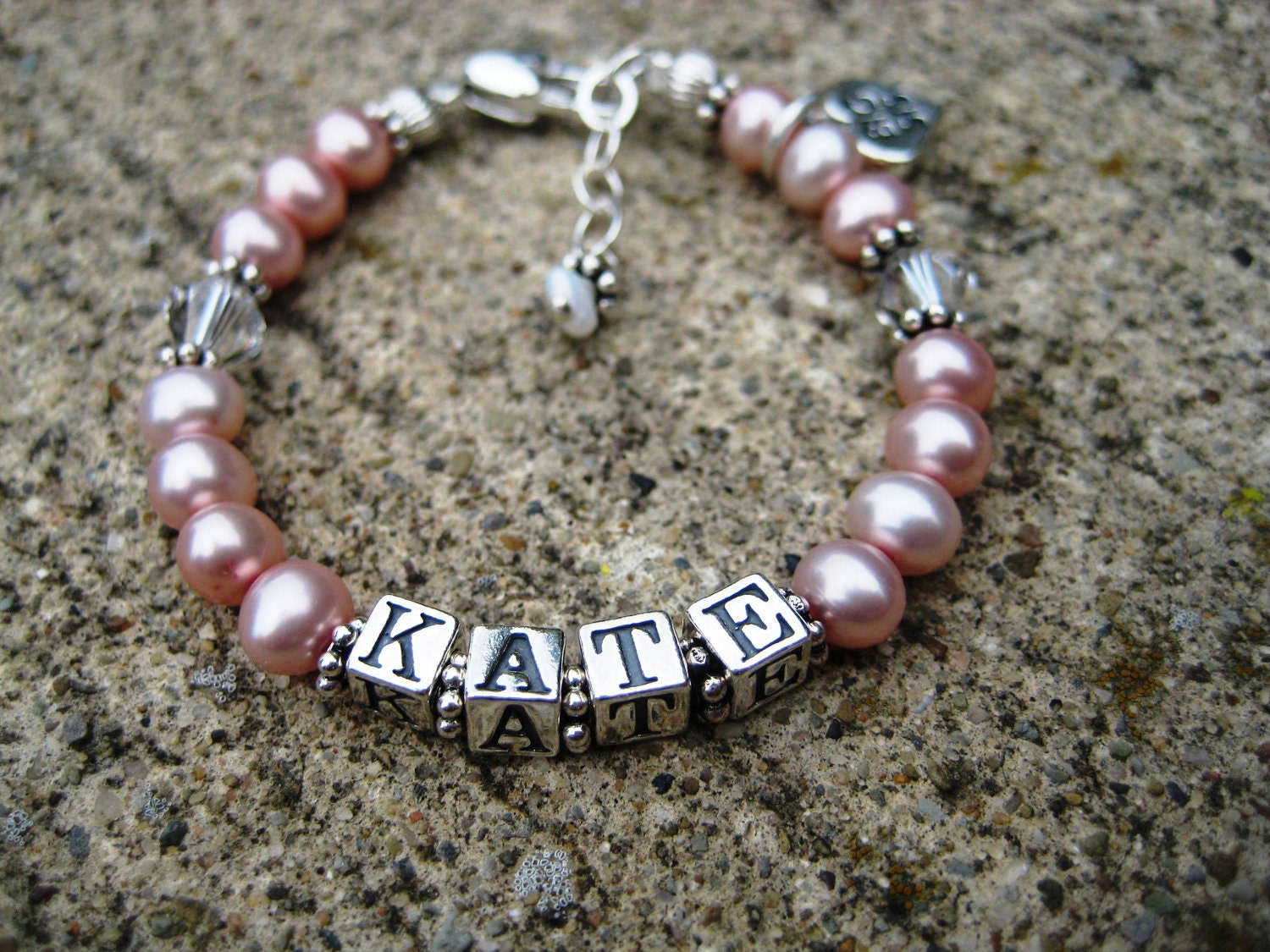 SALE-Baptism Gift for girl- KATE Pink Freshwater Pearl Name Bracelet- 1st Communion, Baptism,  Flower Girl, Birthday