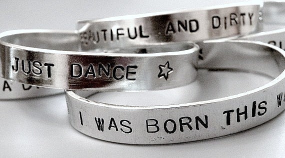 Stamped Lady Gaga Cuff Dance Born Beautiful Dirty Rich Starstruck Drag Queen Custom Silver Metal Bracelet