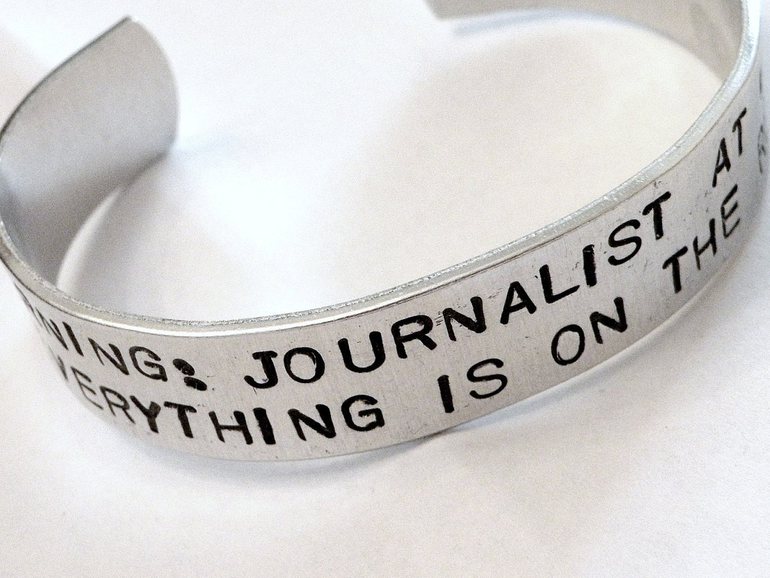 Stamped Warning Journalist Record Custom Silver Metal Cuff Bracelet