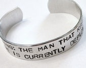 Stamped Warning Military Deployed Sane Custom Silver Metal Cuff Bracelet