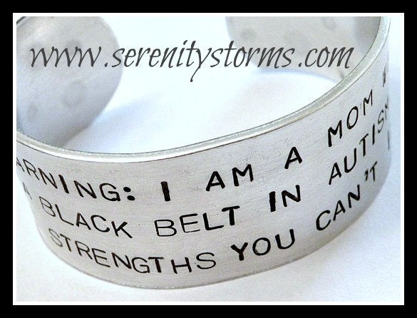 Stamped Warning Autism Mom Black Belt Strength Custom Silver Metal Cuff Bracelet