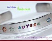 Autism Awareness Handstamped Thin Cuff Bracelet