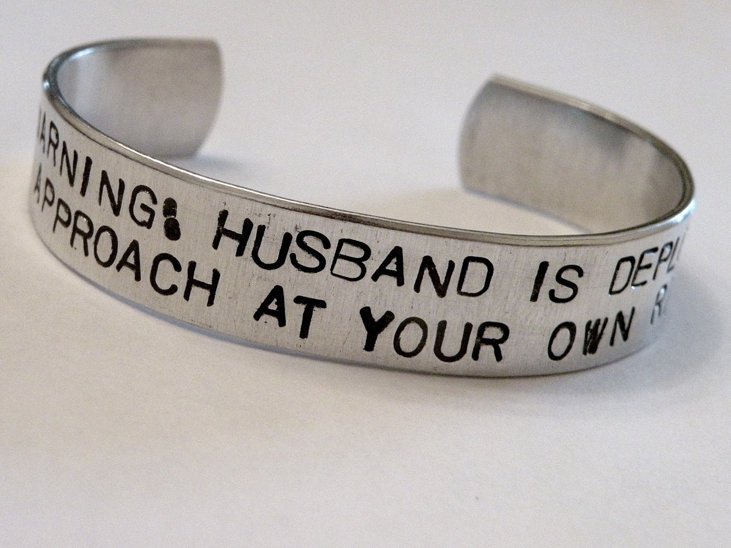 Stamped Warning Military Wife Deployed Husband Custom Silver Metal Cuff Bracelet