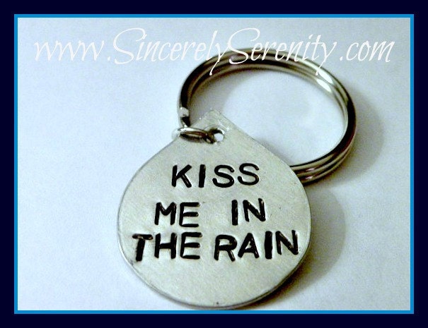 Stamped Kiss Rain Custom Silver Metal Keychain Personalize Names Dates Quotes