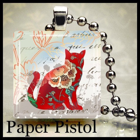 RED Cat Scrabble Tile Pendant FREE CHAIN