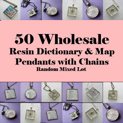 Wholesale 50 Vintage Map and Dictionary Pendants Chains Included