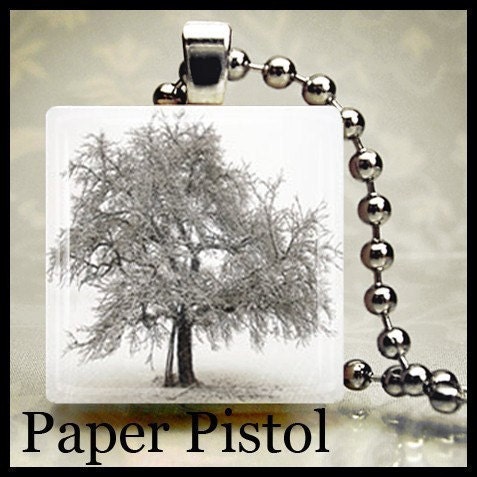 White Tree Scrabble Tile Pendant Free Chain