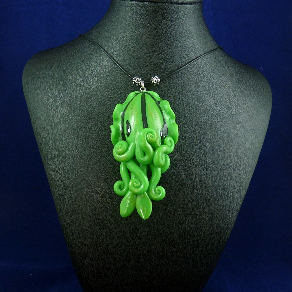 Green Cuttlefish Necklace - Handmade Polymer Clay Jewelry