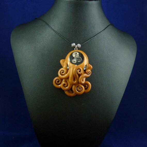 Brass Steampunk Octopus Necklace -  Polymer Clay Neo-Victorian Pendant