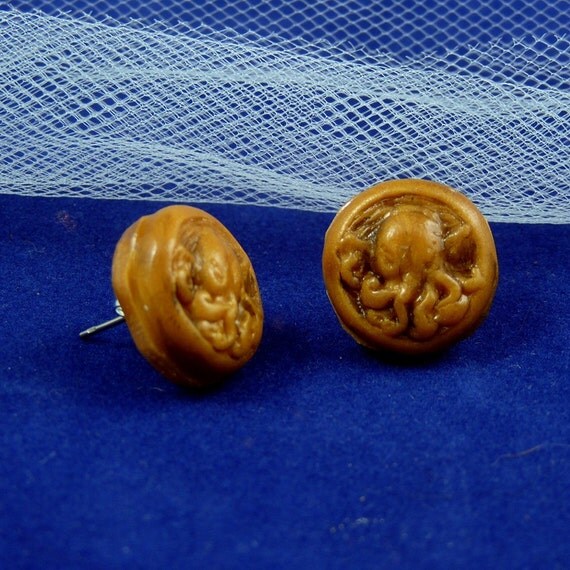 Brass Cthulhu Cameo Earrings - Handmade Polymer Clay Jewelry