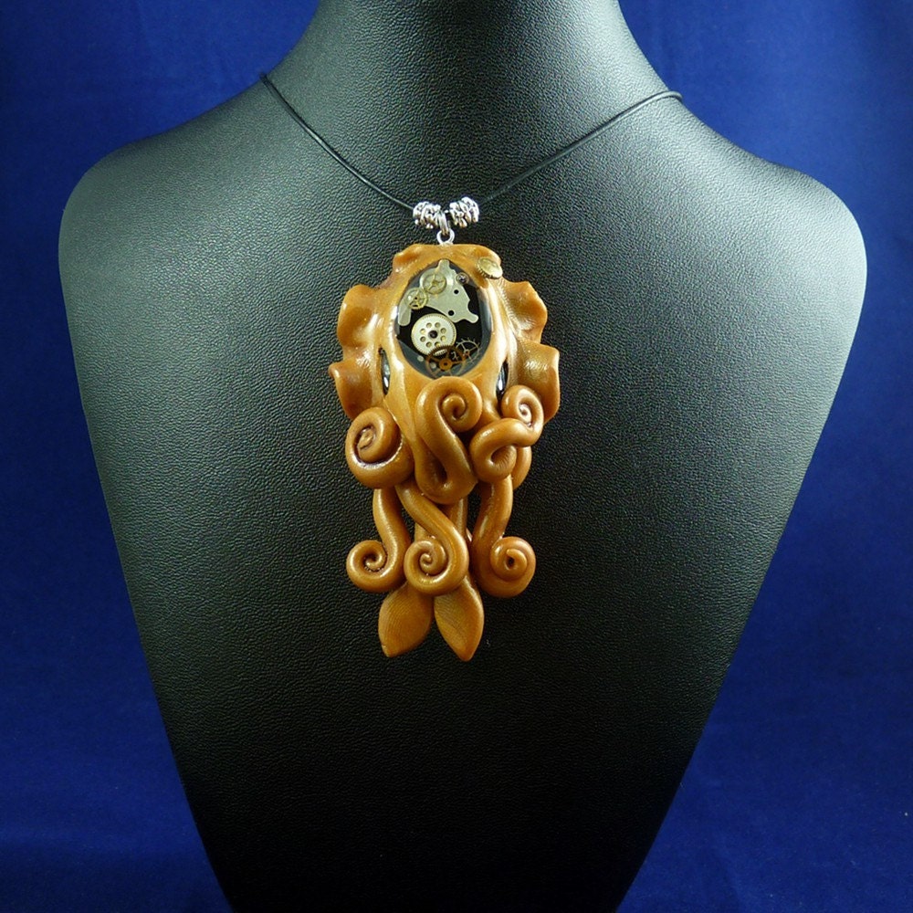 Brass Steampunk Cuttlefish Necklace - Handmade Polymer Clay Jewelry