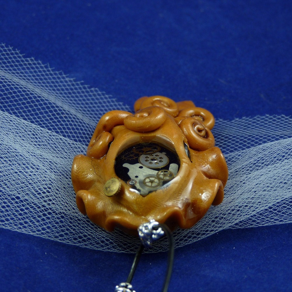 Brass Steampunk Cuttlefish Necklace - Handmade Polymer Clay Jewelry