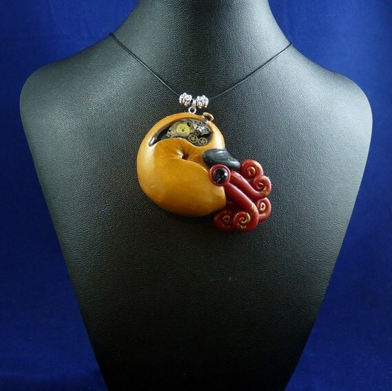 Brass Steampunk Nautilus Necklace - Polymer Clay Jewelry Pendant