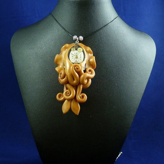 Brass Steampunk Cuttlefish Necklace - Polymer Clay Neo-Victorian Jewelry