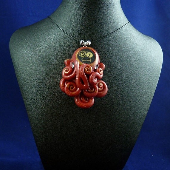Gilded Steampunk Octopus Necklace -  Polymer Clay Neo-Victorian Jewelry