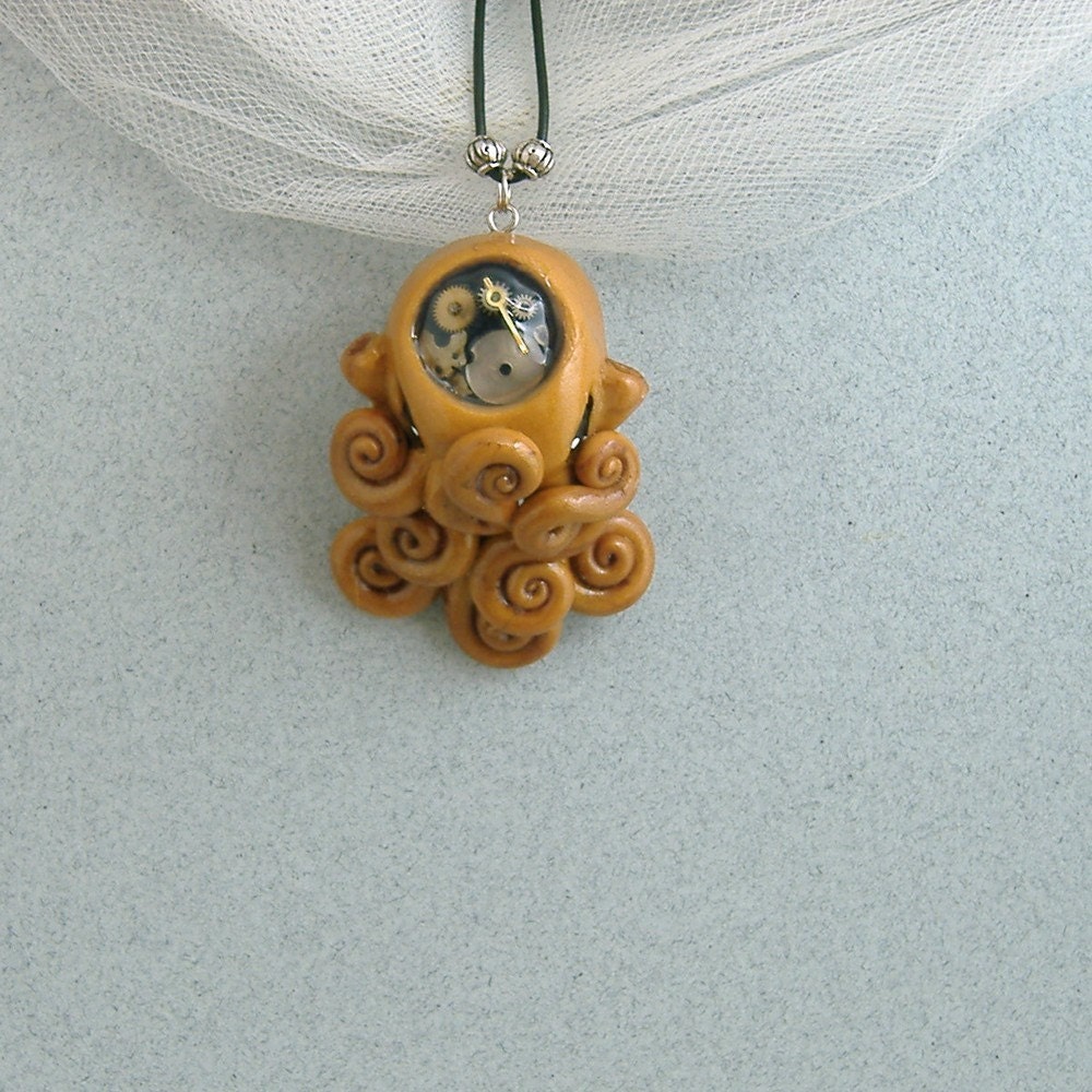 Brass Steampunk Octopus Necklace - Polymer Clay Jewelry