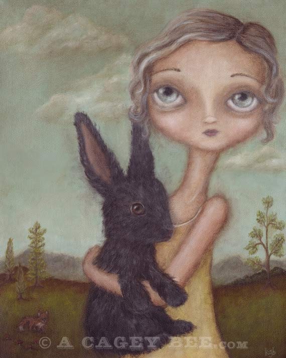 Ingrid and the Grey Bunny art print - animal art rabbit painting cute bunny print