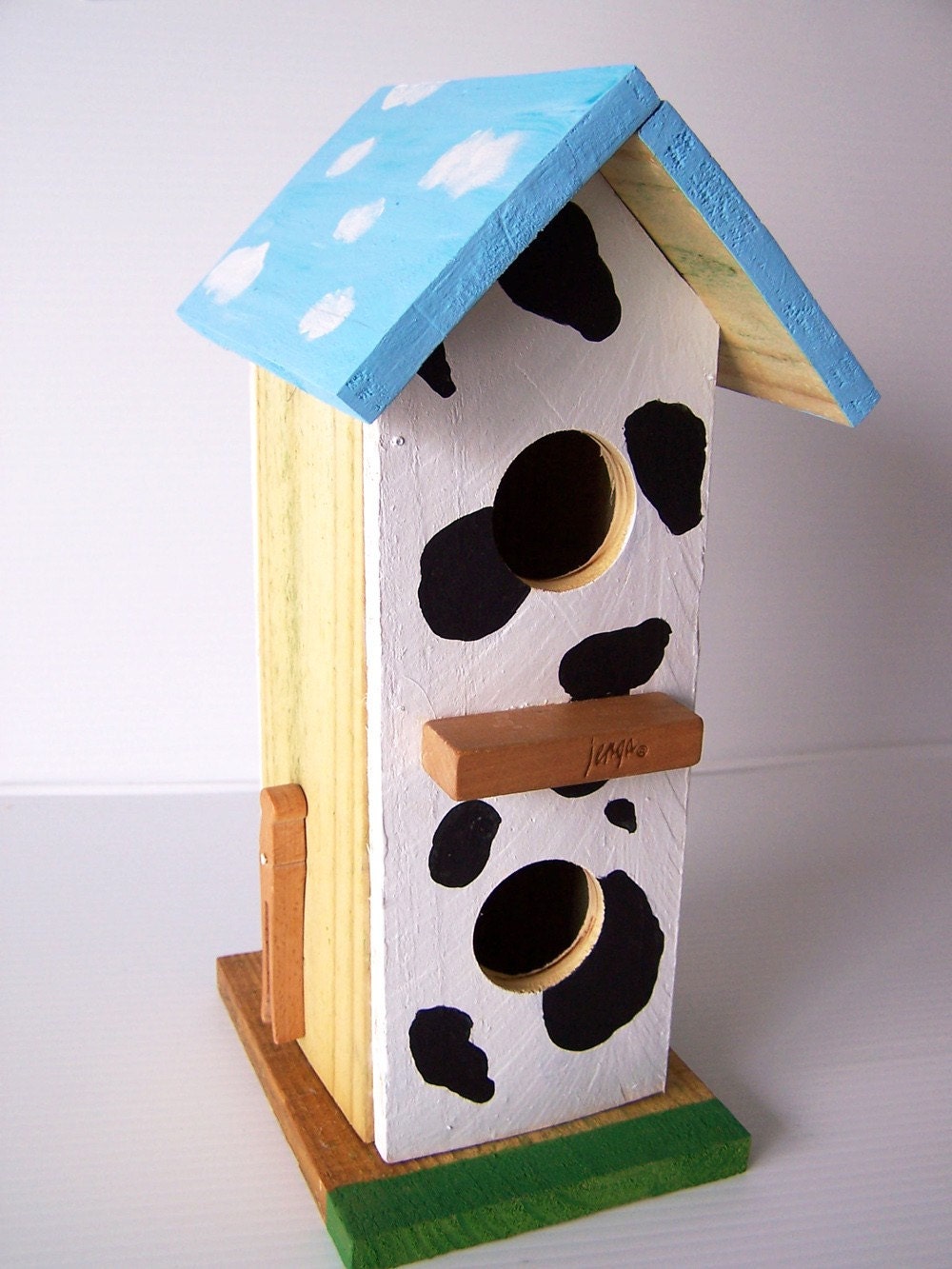 Whimsical Birdhouse Blue Cloudy Sky. Cow Print Handcrafted by GarageInc in the USA