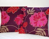 pair of decorative pillow covers aubergine purple cerise red flowers leaves, 16 inch cushion covers