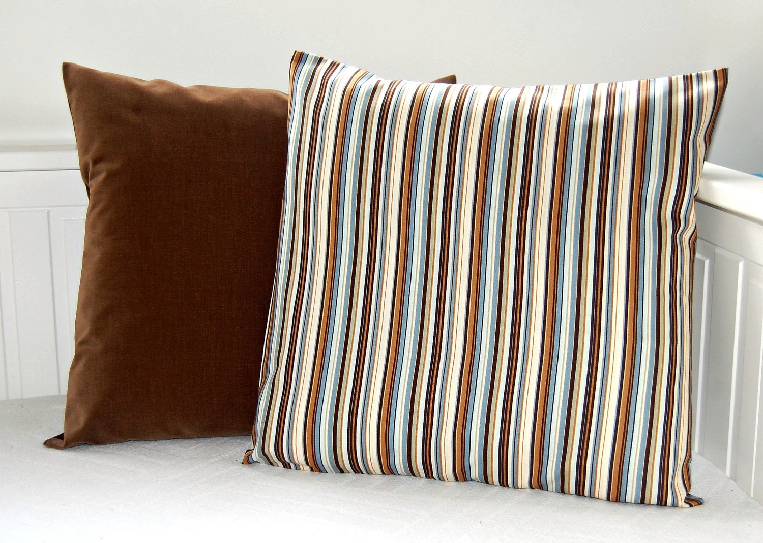 pair of cushion covers brown tan teal stripe by LittleJoobieBoo