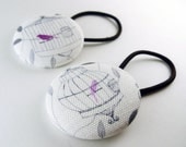 Handmade Purple Birds and Cages Fabric Covered Button Hair Ties