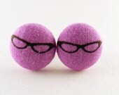 Purple Vintage Glasses Frames Fabric Covered Button Earrings