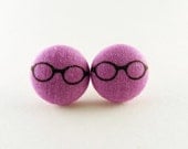 Purple Vintage Glasses Frames Fabric Covered Button Earrings
