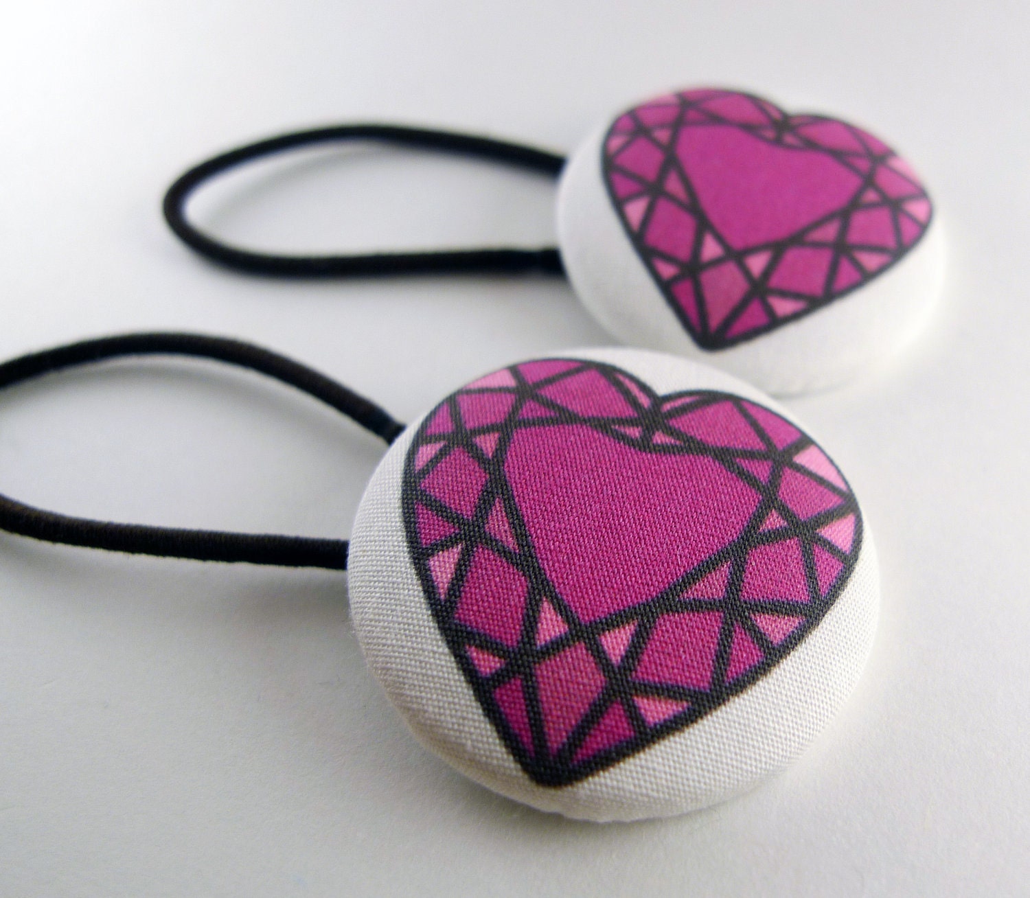 Handmade Red Heart Cut Diamonds Fabric Covered Button Hair Ties