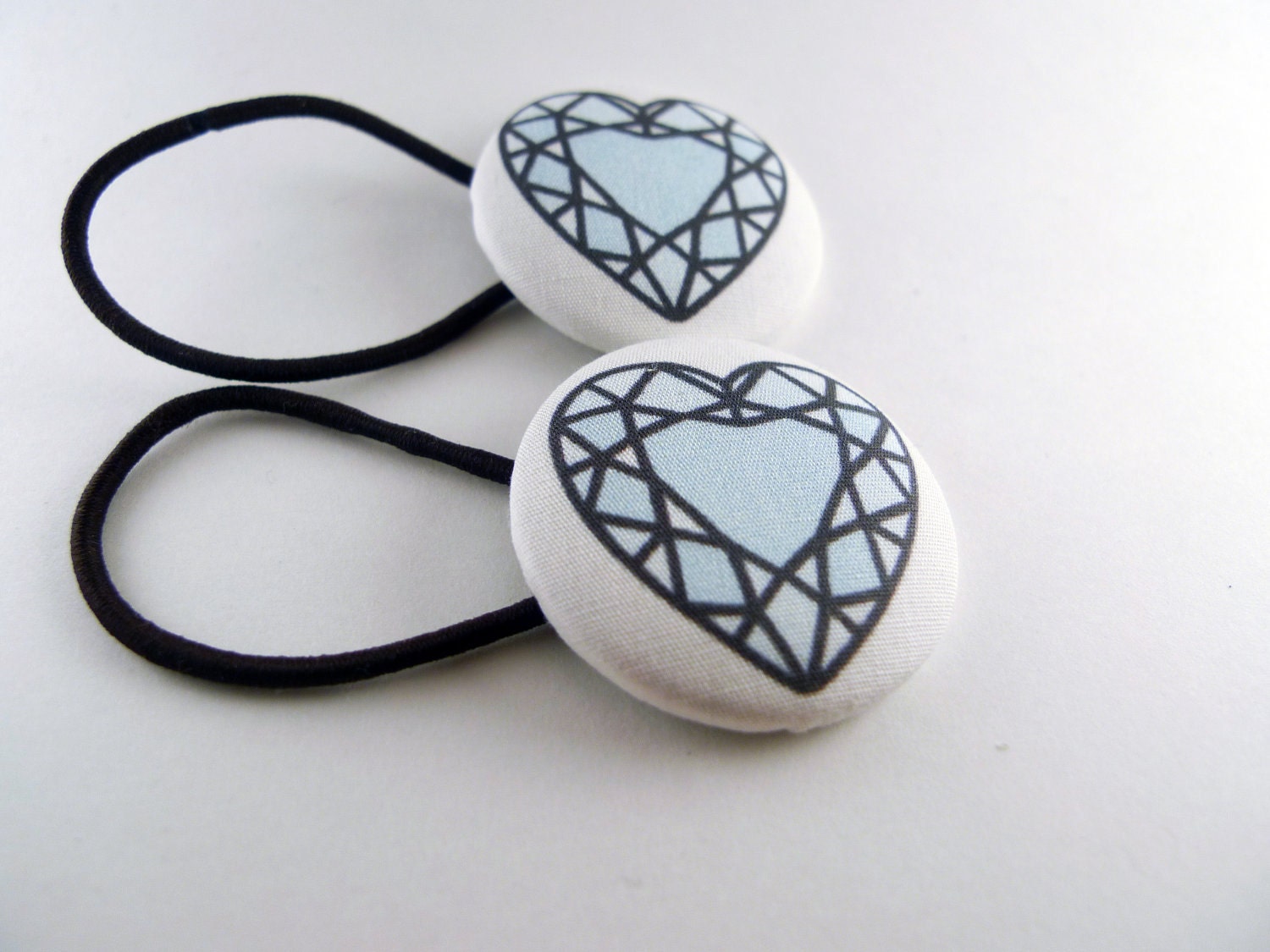 Handmade Heart Cut Diamonds Fabric Covered Button Hair Ties