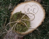 Natural Wood Tree Bark Slice Engraved Ring Bearer Pillow Presentation with Moss
