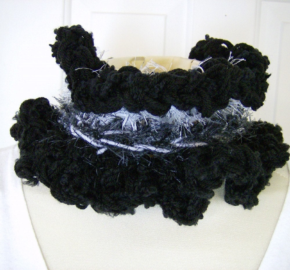 Black and White Fluffy Ruffled Neck Warmer Scarf