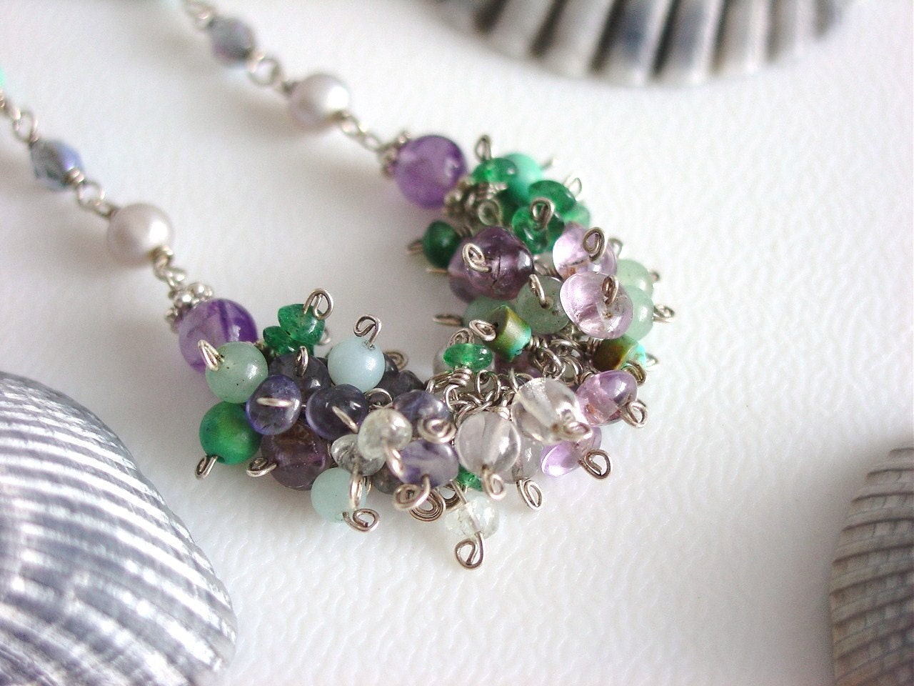 Mixed Gemstone Cluster Necklace Turquoise Amethyst Amazonite Blue Topaz Green Aventurine Pearls Crystals