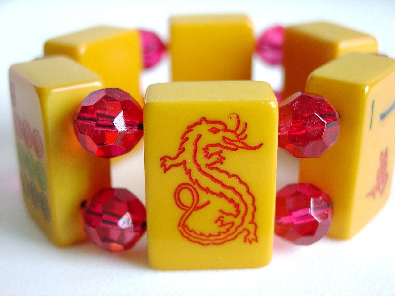 Bakelite Mah Jong Bracelet with Dragon Tile and Rose Glass Beads