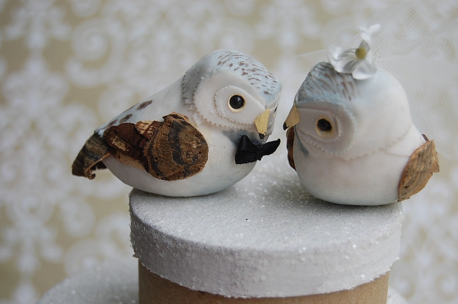 Snow Owl Love Birds Wedding Cake Topper with Decorated Nest
