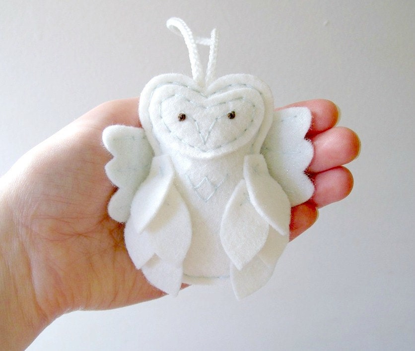 Angel Owl Felt Christmas Ornament // White Woodland // Shimmery Tulle Wings by OrdinaryMommy on Etsy