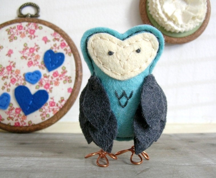 Felt Owl Figurine. Mister Stormy. Blue and Gray with Copper Feet. One of a Kind. by OrdinaryMommy