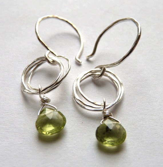 Sparkly Green Peridot Briolette Earrings with Layered Sterling Silver Circle Chain