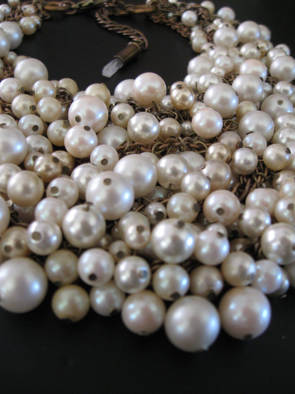 SALE - Mermaid Farts - Upcycled Pearl Bib Necklace - Cream Ecru and Brass - Eco Wedding