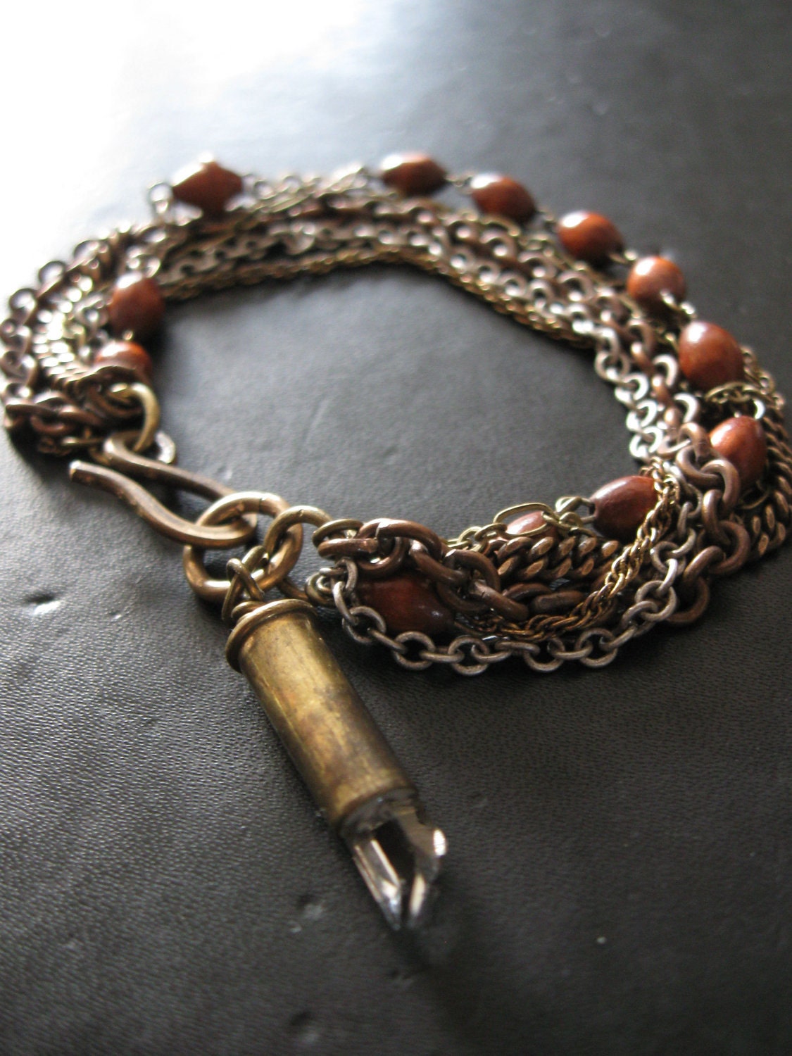 Rosary Assemblage Bracelet - Brown Wood Rosary with Crystal Bullet Charm