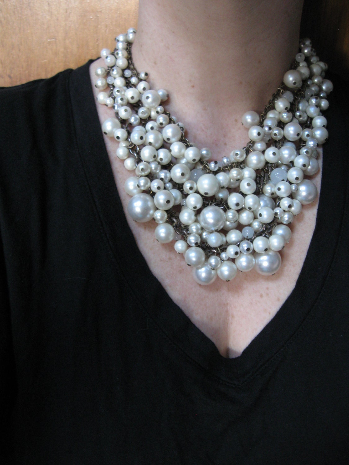 Recycled Pearl Bib Necklace - Mermaid Farts - Creamy White and Brass - Eco Friendly