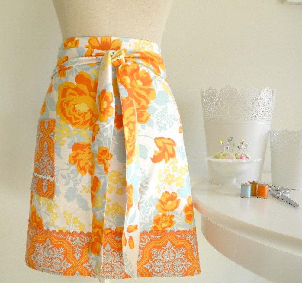 Half Apron - A Rose Bouquet Floral Wrap in orange and aqua