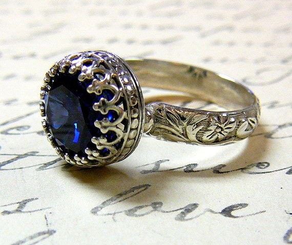 Vintage Engagement Sterling Silver Created Sapphire Ring with Tiara Crown like bezel - Wedding